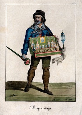 A brandy vendor is carrying his tray with glasses and bottles in it. Coloured lithograph.