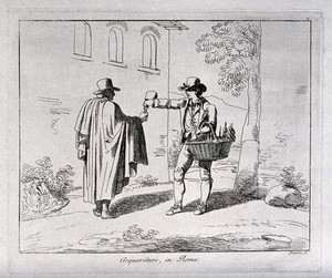 view A brandy vendor in Rome is pouring out a drink for a traveller. Etching by B. Pinelli.