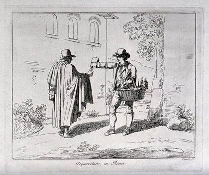 A brandy vendor in Rome is pouring out a drink for a traveller. Etching by B. Pinelli.