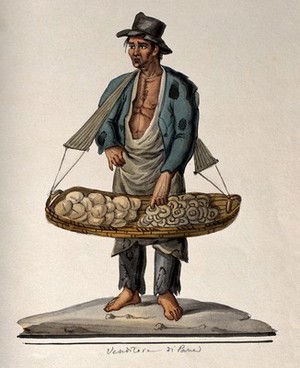 view A man selling bread from a large basket hanging from his shoulders. Watercolour painting.