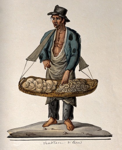 A man selling bread from a large basket hanging from his shoulders. Watercolour painting.