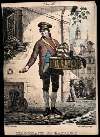A young man selling cakes in Brussels. Coloured lithograph by G.P. van den Burggraaff after J.J. Eeckhout.