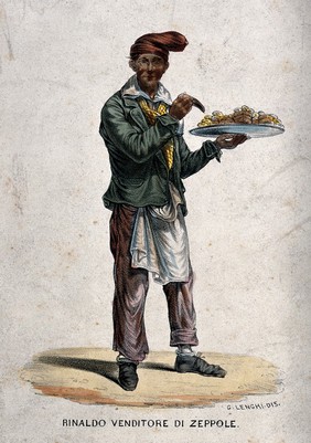 A man has a large quantity of pastries on a plate which he is offering for sale. Colour lithograph by G. Lenghi.