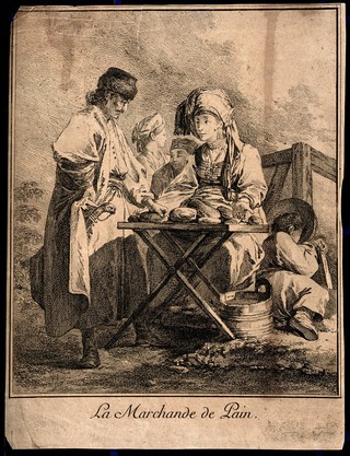 A woman in Russia is sitting at a table selling bread to an Albanian soldier wearing a long cloak; a child is curled up asleep on the ground. Etching by J.B. Le Prince, 1765.