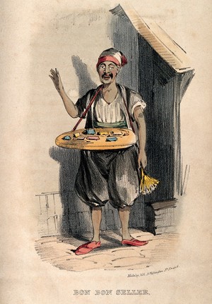 view A man in Damascus selling sweets from the tray around his neck. Colour lithograph after W.M. Thackeray, 1838.