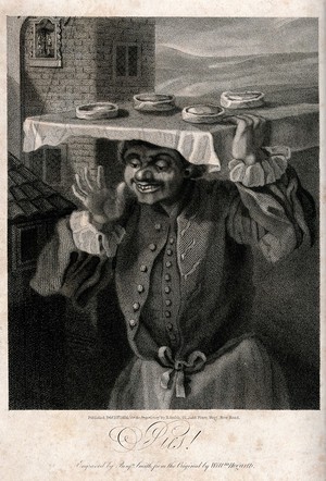 view A baker is carrying a tray of pies on his head. Engraving by B. Smith, 1824, after W. Hogarth.