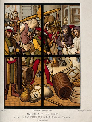A market in which heavy barrels and sacks are weighed on scales. Chromolithograph by Thurwanger Frères after Ferdinand Séré.