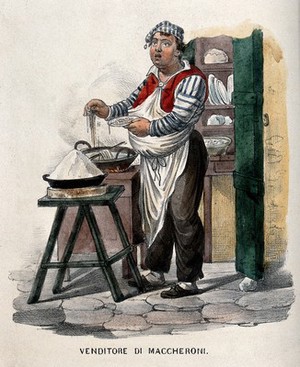 view A man cooking macaroni for sale on the street. Coloured lithograph.