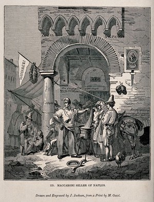 view A man stands at the corner of the street selling macaroni to the passers by. Wood engraving by J. Jackson after M. Gaiel.