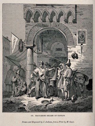 A man stands at the corner of the street selling macaroni to the passers by. Wood engraving by J. Jackson after M. Gaiel.