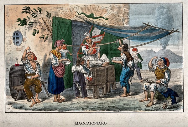 A man in Naples has set up a stall under an awning and he is selling macaroni to families and travellers. Coloured lithograph.