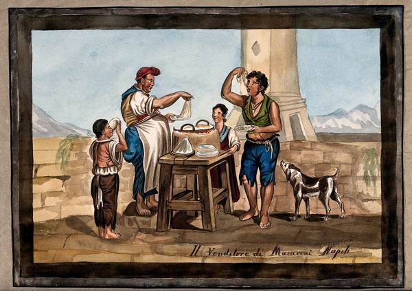 A young man and two smaller children in Naples stand around the stall of a man selling macaroni, eating what he gives them. Watercolour.