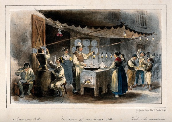 A street vendor's stall in Naples where macaroni is being cooked, and customers are eating the produce while standing and sitting in the street. Coloured lithograph by Gatti and Dura.