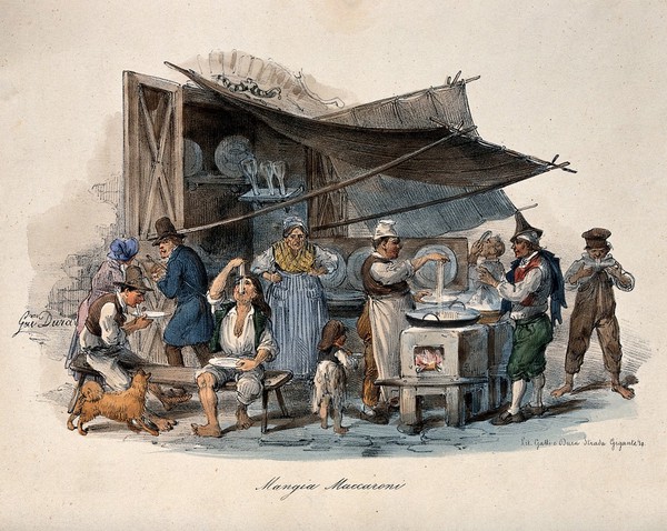 A man is cooking macaroni under a large awning in the street, his customers are sitting on benches enjoying their food. Coloured lithograph by Gatti & Dura after G. Dura.