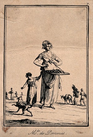 view A woman carrying a tray of apples which she has for sale, accompanied by a child who is playing with a dog. Etching by J. Duplessi-Bertaux.