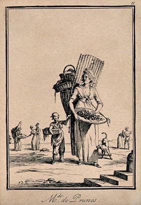 A woman selling plums: she carries the plums in a basket on her back, and is accompanied by a child. Etching by J. Duplessi-Bertaux.