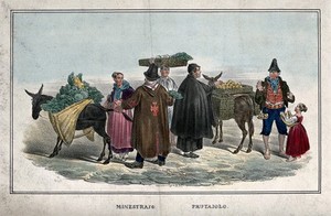 view Sellers of vegetables and fruit in Italy, with some of their customers. Colour lithograph.