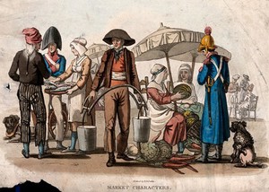 view A market with a man carrying pails of milk, a woman selling vegetables to a sapeur-pompier (fireman), and a woman selling fish to a man as a soldier looks on. Coloured aquatint by R.B. Peake.