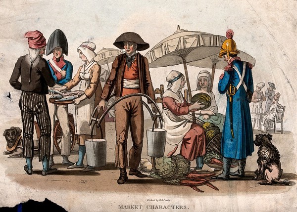 A market with a man carrying pails of milk, a woman selling vegetables to a sapeur-pompier (fireman), and a woman selling fish to a man as a soldier looks on. Coloured aquatint by R.B. Peake.