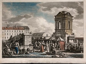 view The market place of Les Halles in Paris. Coloured aquatint by J. Merigot after J. Bryant.