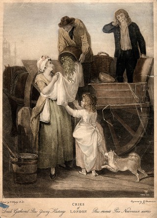 A young woman is holding up her apron to catch the peas which are being poured out of a barrel by a man on a cart. Photographic reproduction after G. Vendramini after F. Wheatley.