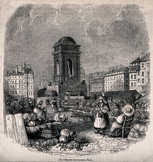 view Marché des Innocents, Paris: stalls selling fruit and vegetables, and the Fontaine des Innocents. Wood engraving, 18--.