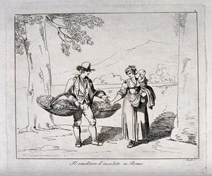 view A woman carrying a child in Lazio is buying salad greens from a vendor carrying produce in large baskets. Etching by B. Pinelli, 1815.