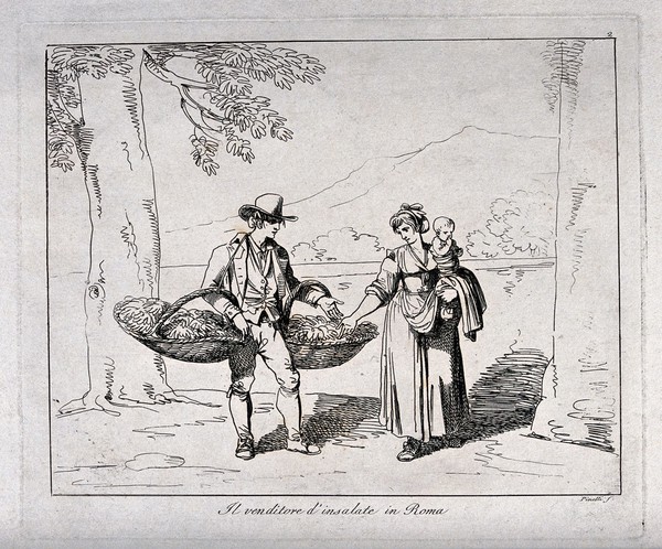 A woman carrying a child in Lazio is buying salad greens from a vendor carrying produce in large baskets. Etching by B. Pinelli, 1815.