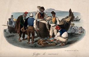 view Fisherman on the sea shore in the Bay of Naples with the boat from which they have unloaded their catch; they are selling fish to other traders. Colour lithograph by Gatti and Dura.