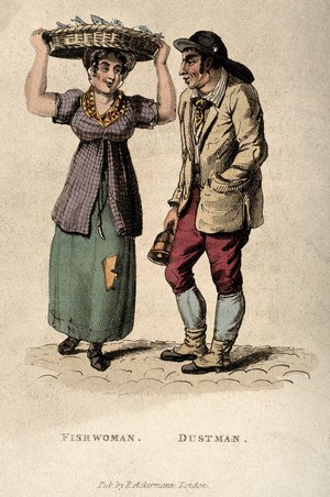 view A fishwife carrying fish and a dustman ringing a bell. Coloured etching.