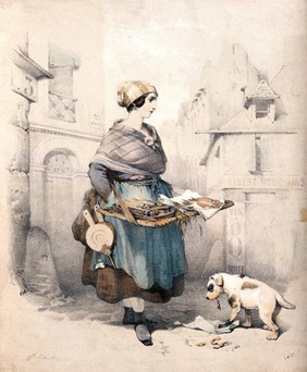 A woman is selling fish from a large flat basket strapped to her waist and the dog is eating some scraps. Coloured lithograph. [S. Narahn?].