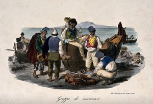 view Fisherman are on the sea shore with the boat from which they have unloaded their catch and they are selling the fish to other traders. Colour lithograph by Gatti and Dura.