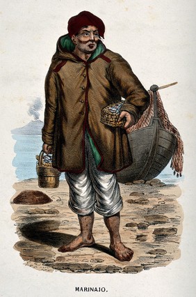 A sailor stands on the shore, his boat is behind him and he is carrying a casket in one hand. Coloured lithograph.