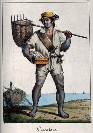 view A fisherman stands on the shore with his boat behind him, a basket across his shoulders and a tray of fish in his hand. Coloured lithograph.