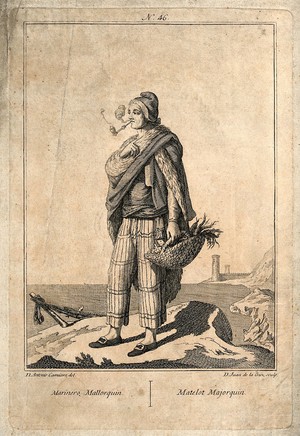 view A sailor from Mallorca, with a pipe in his mouth is carrying a basket with fish in it as he stands on a rock looking out to sea. Etching by D. Juan de la Cruz after D. Antonio Carnicero.