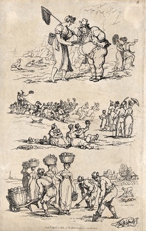 view A woman on the beach is offering a dish to a man with an eye glass, two women are being chased by a crowd and women are carrying baskets on their heads as men dig in the field and one pushes a wheelbarrow with a basket on it. Etching.