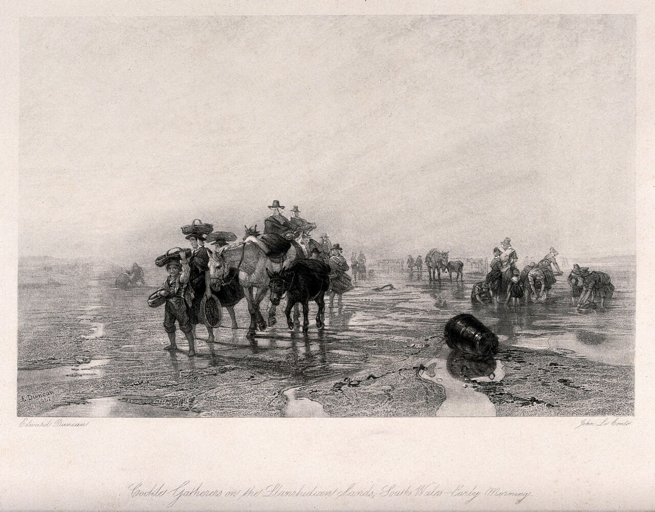 Crowds of people with donkeys are gathering cockles on the beach. Etching by John Le Conte after Edward Duncan., by Edward Duncan
