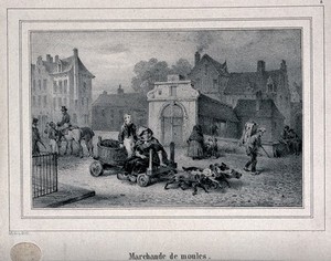 view A woman is sitting on a cart which is being pulled by dogs, a boy is sitting on the basket of mussels on the back shouting to people in the street to buy them. Lithograph after J.B. Madou.