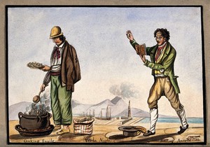 view The dockside in Naples: a man is cooking snails in a pot over an open fire, while another man reads aloud from a book by Ariosto. Watercolour painting.