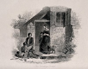 view A man sits on a stool in front of a small brazier with tools and boxes lying on the ground and a woman and child with a dog are standing on the step. Etching by L.J. Cromstone.