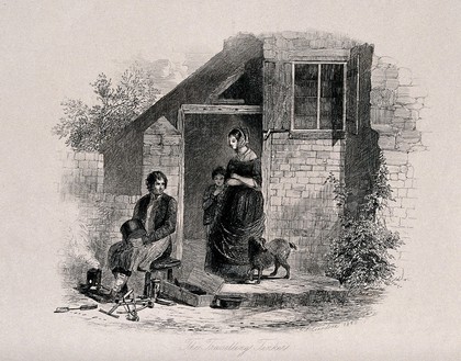 A man sits on a stool in front of a small brazier with tools and boxes lying on the ground and a woman and child with a dog are standing on the step. Etching by L.J. Cromstone.