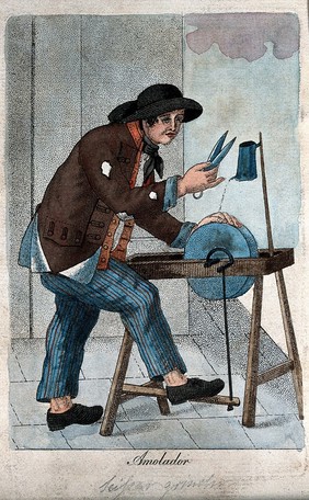 A man sharpens scissors on a grinding wheel. Coloured engraving.