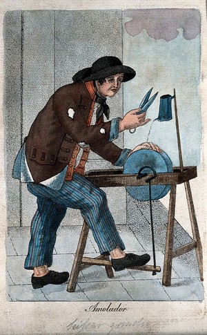 view A man sharpens scissors on a grinding wheel. Coloured engraving.