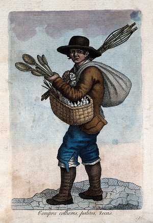 view A man is carrying a sack on his back, a basket and wooden spoons in his hand. Coloured engraving.