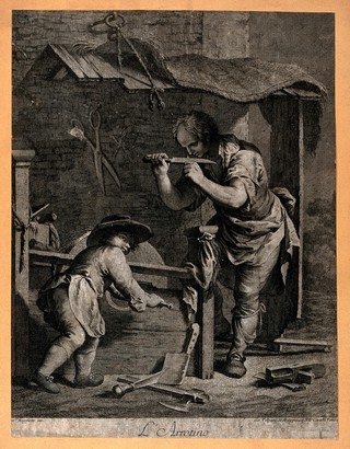 A man is testing the sharpness of a blade which he has been grinding on the wheel turned by the boy. Engraving by Gio. Volpato after Domenico Maggiotto.
