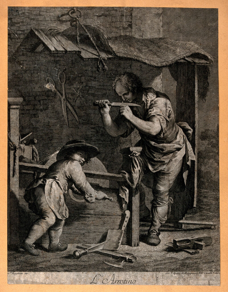 A man is testing the sharpness of a blade which he has been grinding on the wheel turned by the boy. Engraving by Gio. Volpato after Domenico Maggiotto., by Domenico Maggiotto
