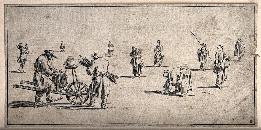 A knife grinder is using his wheel and many people are bringing him items to sharpen. Etching.