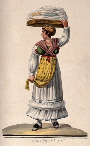 view A woman is holding a large flat basket of washing on her head. Watercolour.