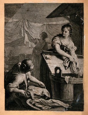 view Two women are washing sheets as another is hanging them on a line. Engraving.