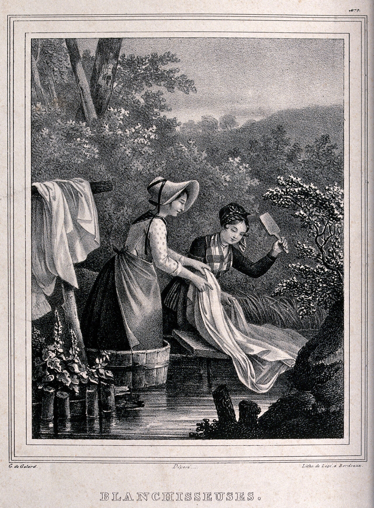 Two woman of Bordeaux washing clothes in a river; one is holding the sheet while the other beats it with a wooden paddle. Lithograph by Légé after G. de Galard., 1830-1839, by Gustave de Galard